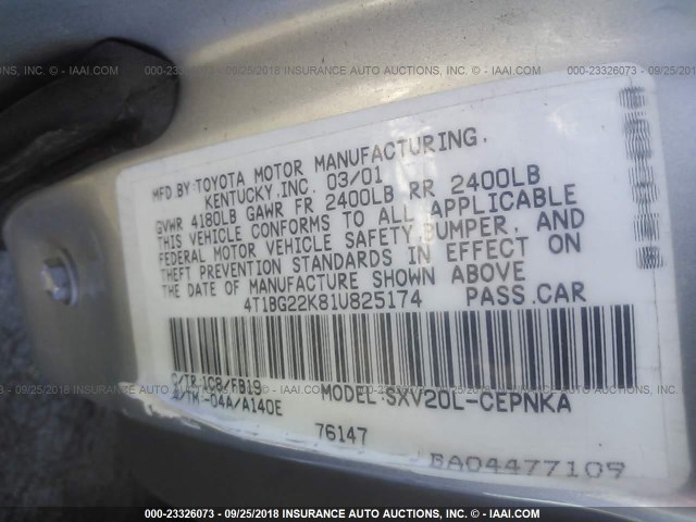 4T1BG22K81U825174 - 2001 TOYOTA CAMRY CE/LE/XLE 银色 照片 9