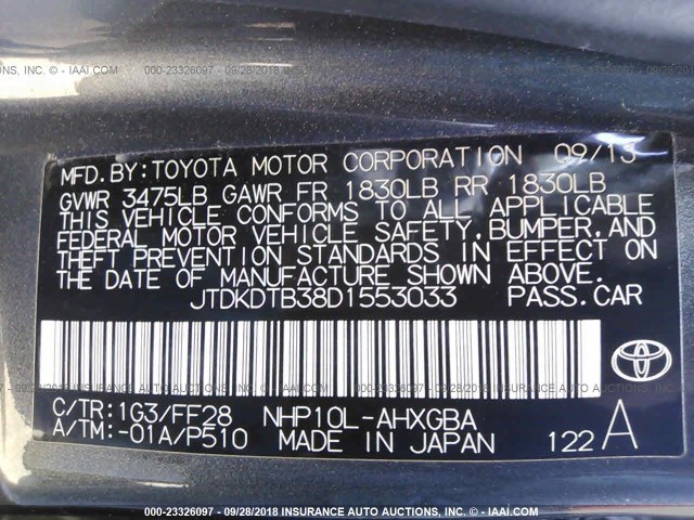 JTDKDTB38D1553033 - 2013 TOYOTA PRIUS C GRAY photo 9