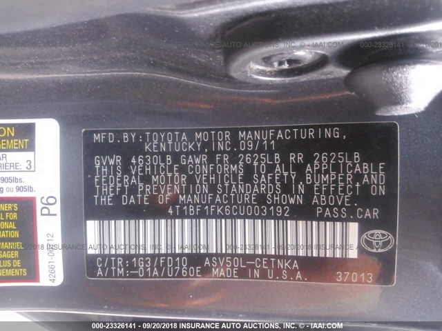 4T1BF1FK6CU003192 - 2012 TOYOTA CAMRY SE/LE/XLE 灰色 照片 9