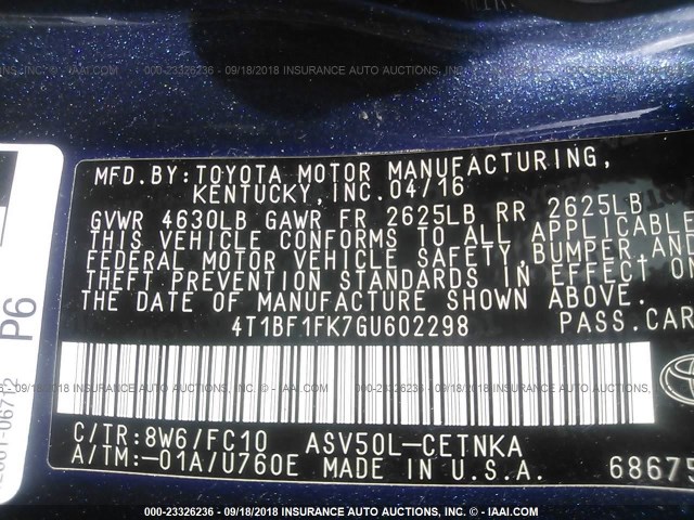 4T1BF1FK7GU602298 - 2016 TOYOTA CAMRY LE/XLE/SE/XSE 蓝色 照片 9