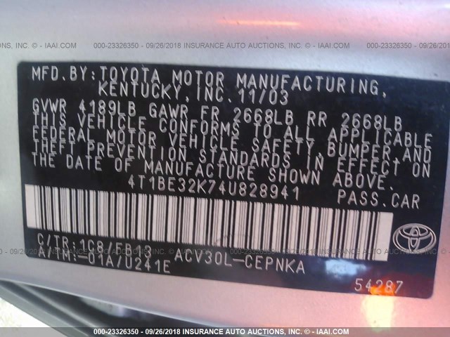 4T1BE32K74U828941 - 2004 TOYOTA CAMRY LE/XLE/SE SILVER photo 9