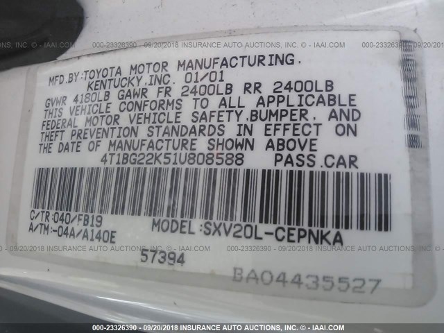 4T1BG22K51U808588 - 2001 TOYOTA CAMRY CE/LE/XLE 白色 照片 9