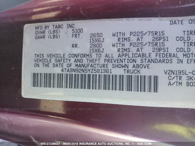 4TASN92N5YZ581361 - 2000 TOYOTA TACOMA XTRACAB PRERUNNER 红色 照片 9