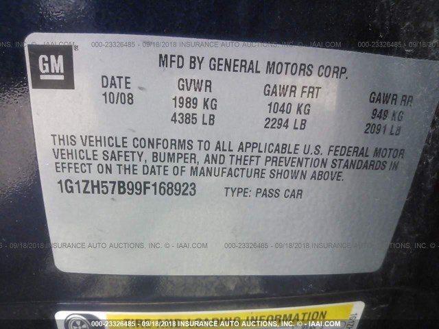 1G1ZH57B99F168923 - 2009 CHEVROLET MALIBU 1LT BLUE photo 9