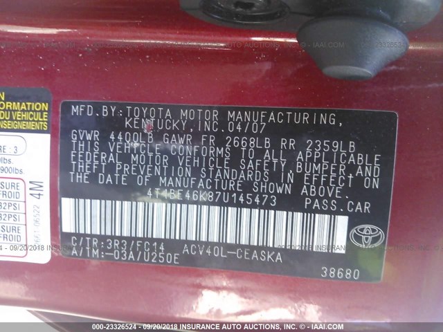 4T1BE46K87U145473 - 2007 TOYOTA CAMRY NEW GENERAT CE/LE/XLE/SE RED photo 9