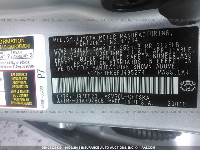 4T1BF1FK6FU495274 - 2015 TOYOTA CAMRY LE/XLE/SE/XSE 银色 照片 9