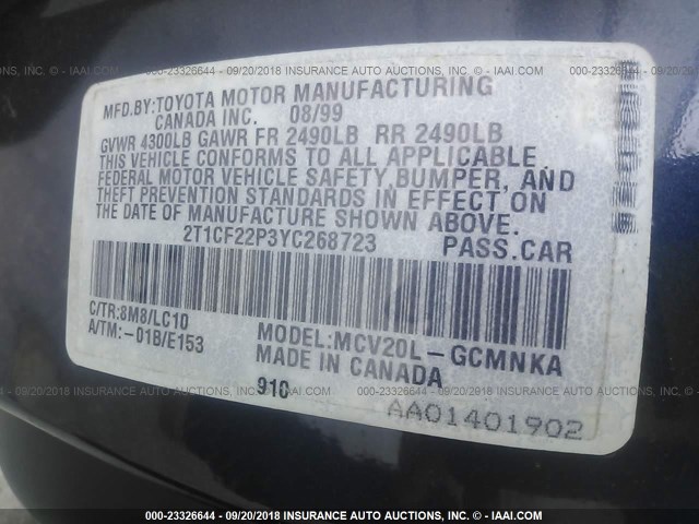 2T1CF22P3YC268723 - 2000 TOYOTA CAMRY SOLARA SE/SLE Bənövşəyi foto 9