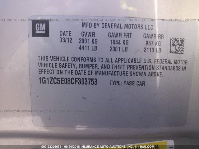 1G1ZC5E08CF303753 - 2012 CHEVROLET MALIBU 1LT ოქროსფერი ფოტო 9