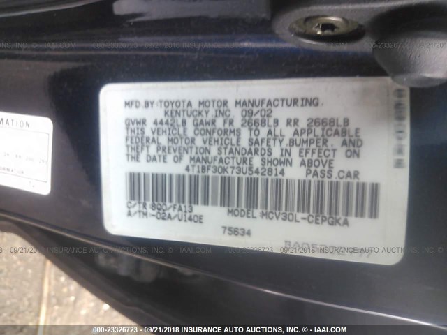 4T1BF30K73U542814 - 2003 TOYOTA CAMRY LE/XLE/SE Mavi foto 9