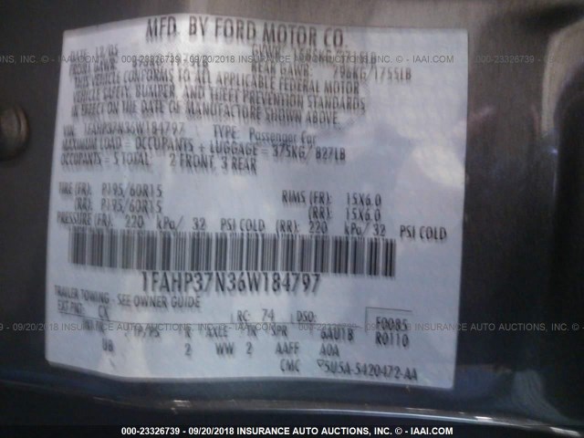 1FAHP37N36W184797 - 2006 FORD FOCUS ZX5 GRAY photo 9