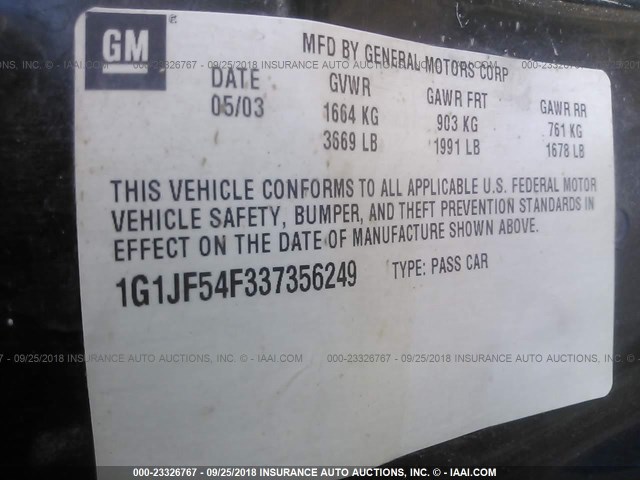 1G1JF54F337356249 - 2003 CHEVROLET CAVALIER LS BLACK photo 9