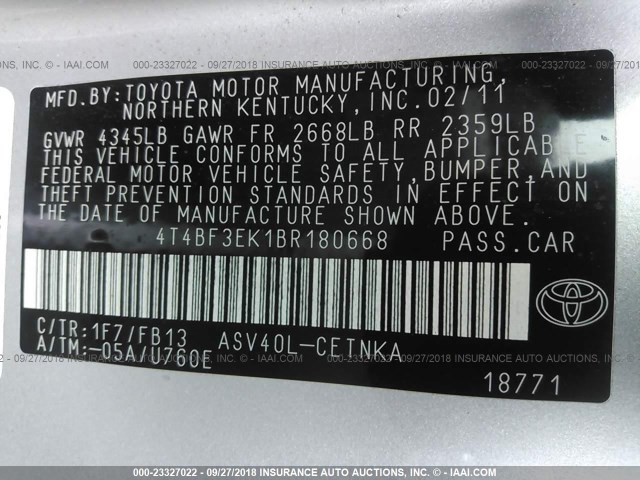 4T4BF3EK1BR180668 - 2011 TOYOTA CAMRY SE/LE/XLE 银色 照片 9