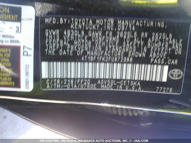 4T1BF1FK2FU872988 - 2015 TOYOTA CAMRY LE/XLE/SE/XSE 黑色 照片 9