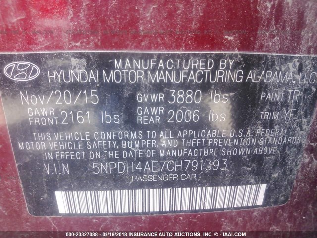 5NPDH4AE7GH791393 - 2016 HYUNDAI ELANTRA SE/SPORT/LIMITED 红色 照片 9