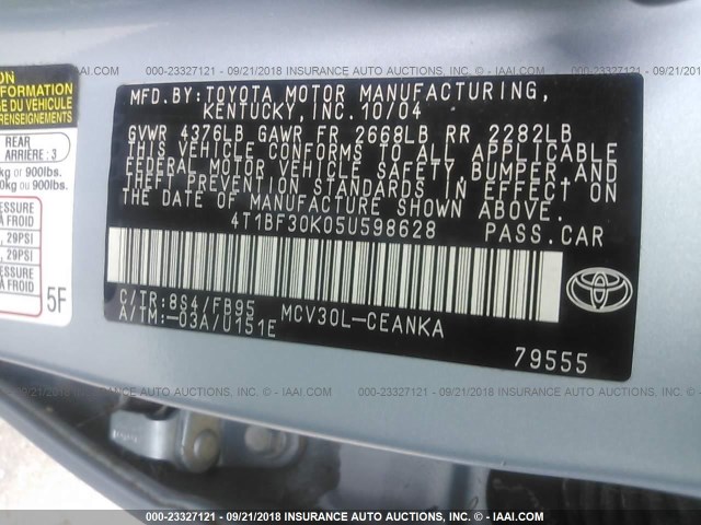 4T1BF30K05U598628 - 2005 TOYOTA CAMRY LE/XLE/SE BLUE photo 9