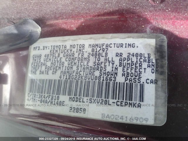 4T1BG22K8VU081663 - 1997 TOYOTA CAMRY CE/LE/XLE 栗色 照片 9