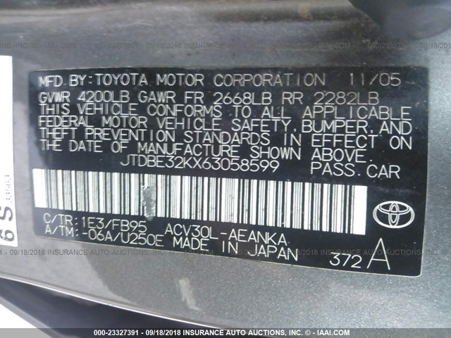 JTDBE32KX63058599 - 2006 TOYOTA CAMRY LE/XLE 灰色 照片 9