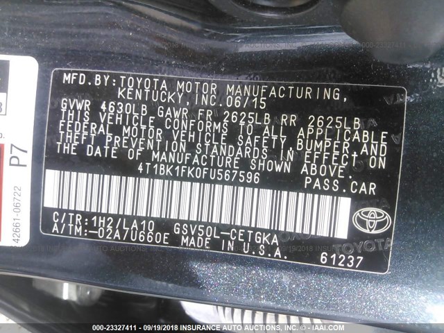 4T1BK1FK0FU567596 - 2015 TOYOTA CAMRY XSE/XLE BLACK photo 9