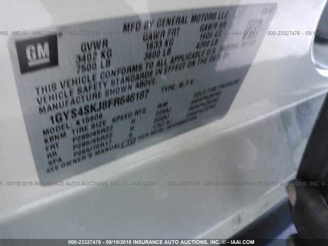 1GYS4SKJ8FR646187 - 2015 CADILLAC ESCALADE ESV LUXURY WHITE photo 9