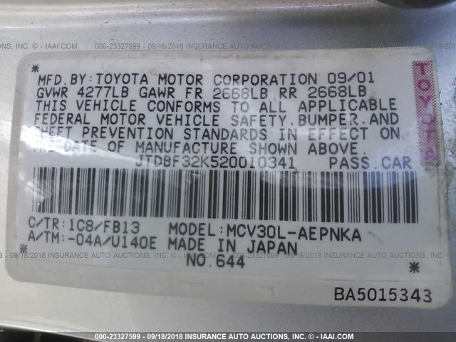 JTDBF32K520010341 - 2002 TOYOTA CAMRY LE/XLE/SE Gümüş foto 9