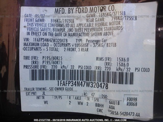 1FAFP34N47W320478 - 2007 FORD FOCUS ZX4/S/SE/SES მუქწითელი ფოტო 9