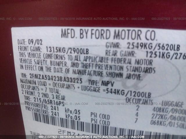 2FMZA53423BA33225 - 2003 FORD WINDSTAR SEL RED photo 9