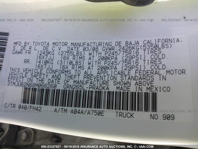 3TMJU62N68M066260 - 2008 TOYOTA TACOMA DOUBLE CAB PRERUNNER WHITE photo 9