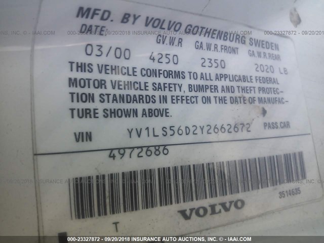 YV1LS56D2Y2662672 - 2000 VOLVO S70 GLT/SE WHITE photo 9