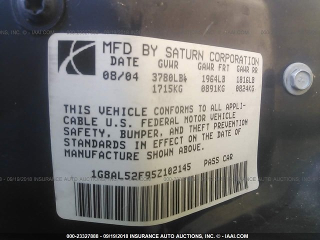 1G8AL52F95Z102145 - 2005 SATURN ION LEVEL 3 GRAY photo 9