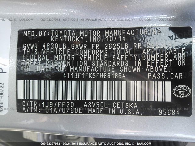 4T1BF1FK5FU881894 - 2015 TOYOTA CAMRY LE/XLE/SE/XSE 银色 照片 9