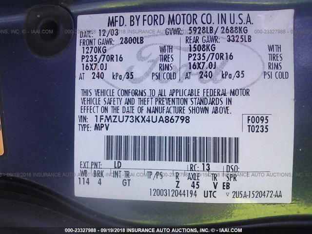 1FMZU73KX4UA86798 - 2004 FORD EXPLORER XLT/XLT SPORT/NBX 蓝色 照片 9