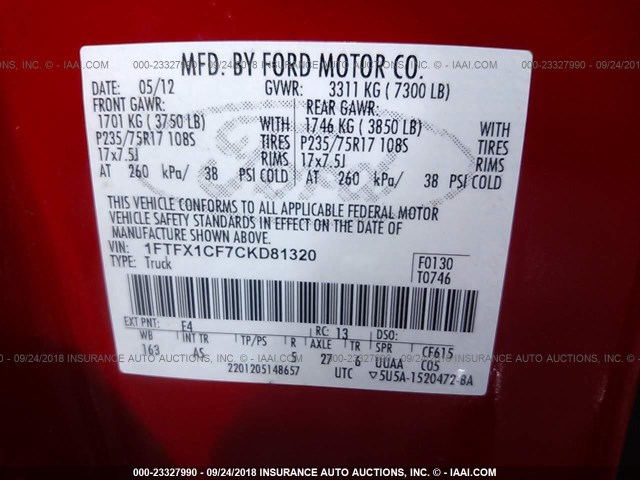 1FTFX1CF7CKD81320 - 2012 FORD F150 SUPER CAB RED photo 9