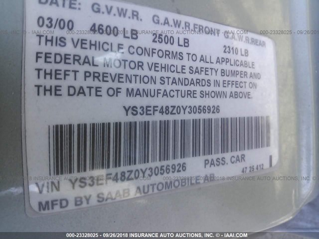 YS3EF48Z0Y3056926 - 2000 SAAB 9-5 SE GREEN photo 9