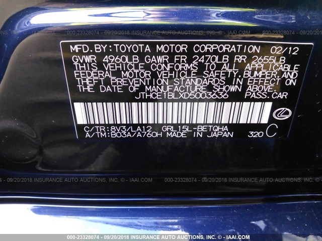 JTHCE1BLXD5003636 - 2013 LEXUS GS 350 BLUE photo 9