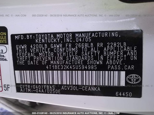 4T1BE32K45U594985 - 2005 TOYOTA CAMRY LE/XLE/SE Ақ фото 9