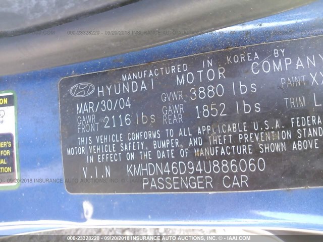 KMHDN46D94U886060 - 2004 HYUNDAI ELANTRA GLS/GT Dark Blue photo 9