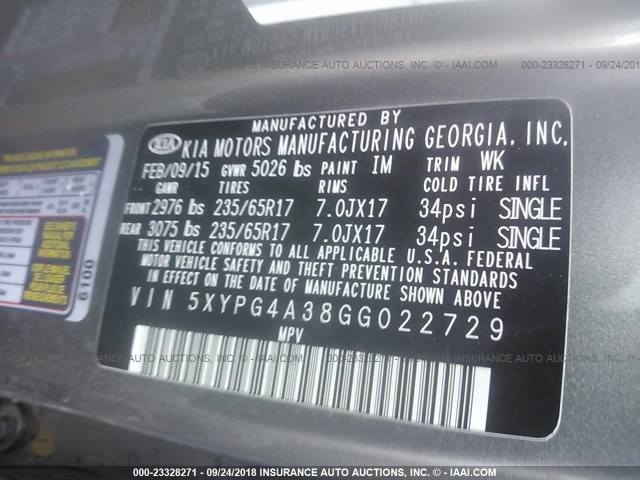 5XYPG4A38GG022729 - 2016 KIA SORENTO LX/L GRAY photo 9