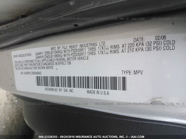 4S4BP61C366346643 - 2006 SUBARU LEGACY OUTBACK 2.5I SILVER photo 9