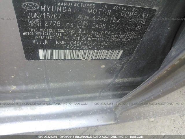 KMHFC46F48A255045 - 2008 HYUNDAI AZERA SE/LIMITED GRAY photo 9