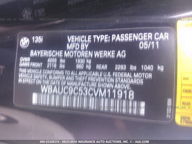 WBAUC9C53CVM11918 - 2012 BMW 135 I BLACK photo 9