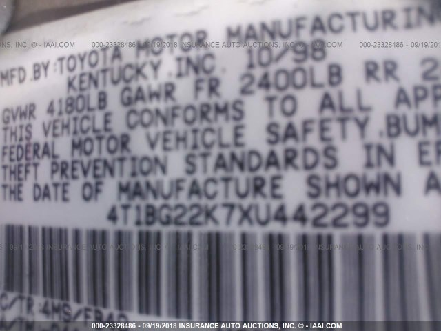 4T1BG22K7XU442299 - 1999 TOYOTA CAMRY CE/LE/XLE 金色 照片 9