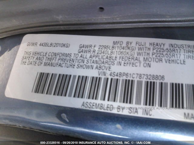 4S4BP61C787328806 - 2008 SUBARU OUTBACK 2.5I BLUE photo 9