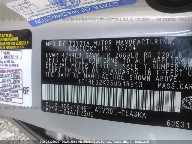 4T1BE32K25U518813 - 2005 TOYOTA CAMRY LE/XLE/SE Күміс фото 9