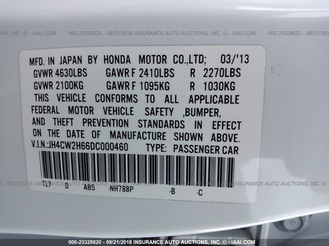 JH4CW2H66DC000460 - 2013 ACURA TSX TECH WHITE photo 9