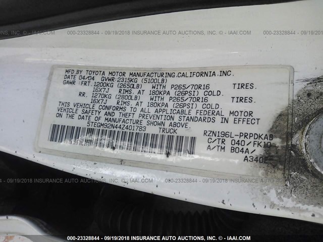 5TEGM92N44Z401783 - 2004 TOYOTA TACOMA DOUBLE CAB PRERUNNER WHITE photo 9