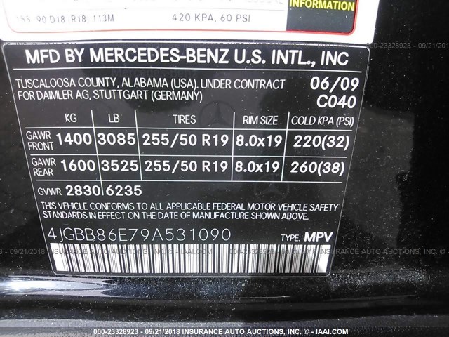 4JGBB86E79A531090 - 2009 MERCEDES-BENZ ML 350 BLACK photo 9