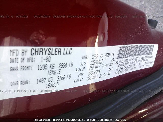 2A8HR54P78R662276 - 2008 CHRYSLER TOWN & COUNTRY TOURING MAROON photo 9