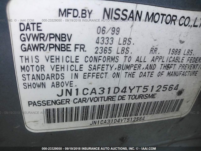 JN1CA31D4YT512564 - 2000 NISSAN MAXIMA GLE/GXE/SE Light Blue photo 9