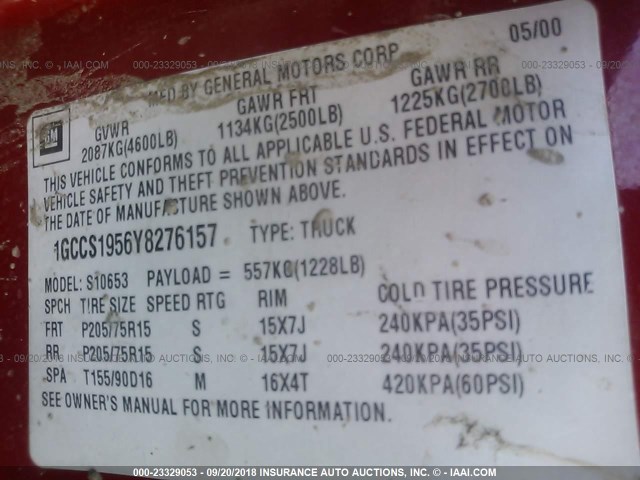 1GCCS1956Y8276157 - 2000 CHEVROLET S TRUCK S10 RED photo 9