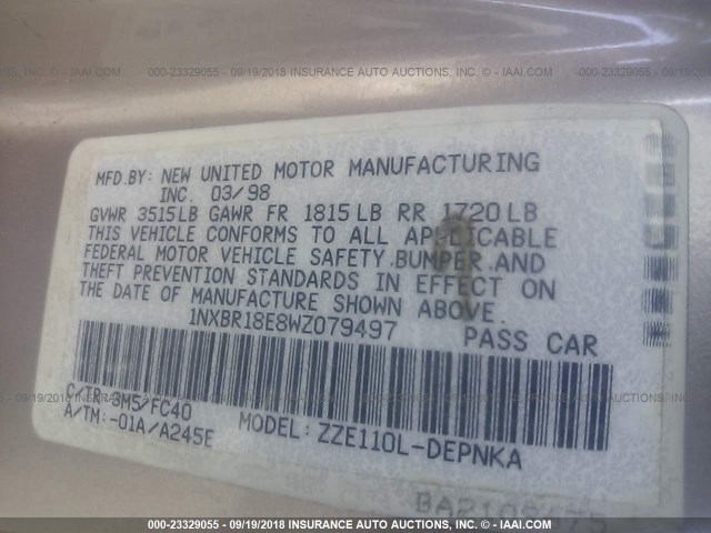 1NXBR18E8WZ079497 - 1998 TOYOTA COROLLA VE/CE/LE 棕色 照片 9